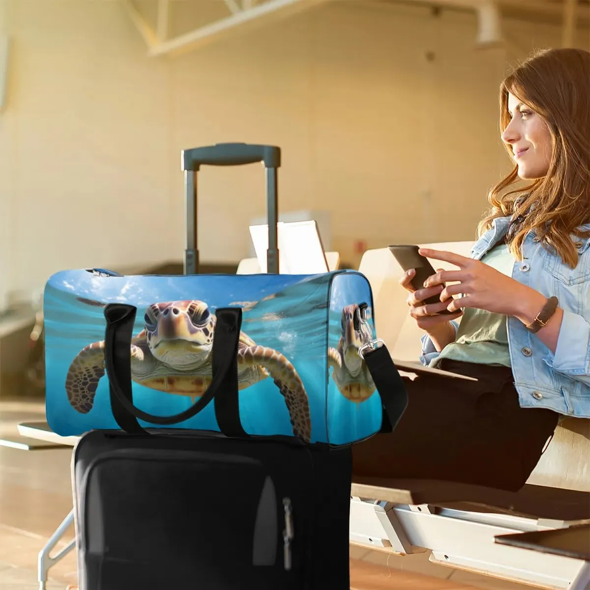 Travel Duffel Bag, Ocean Animal Turtle Sports Tote Gym Bag Foldable Western Aztec Weekender Bag Carry on Luggage Handle Bag Overnight Shoulder Bag for Women Men,A-504
