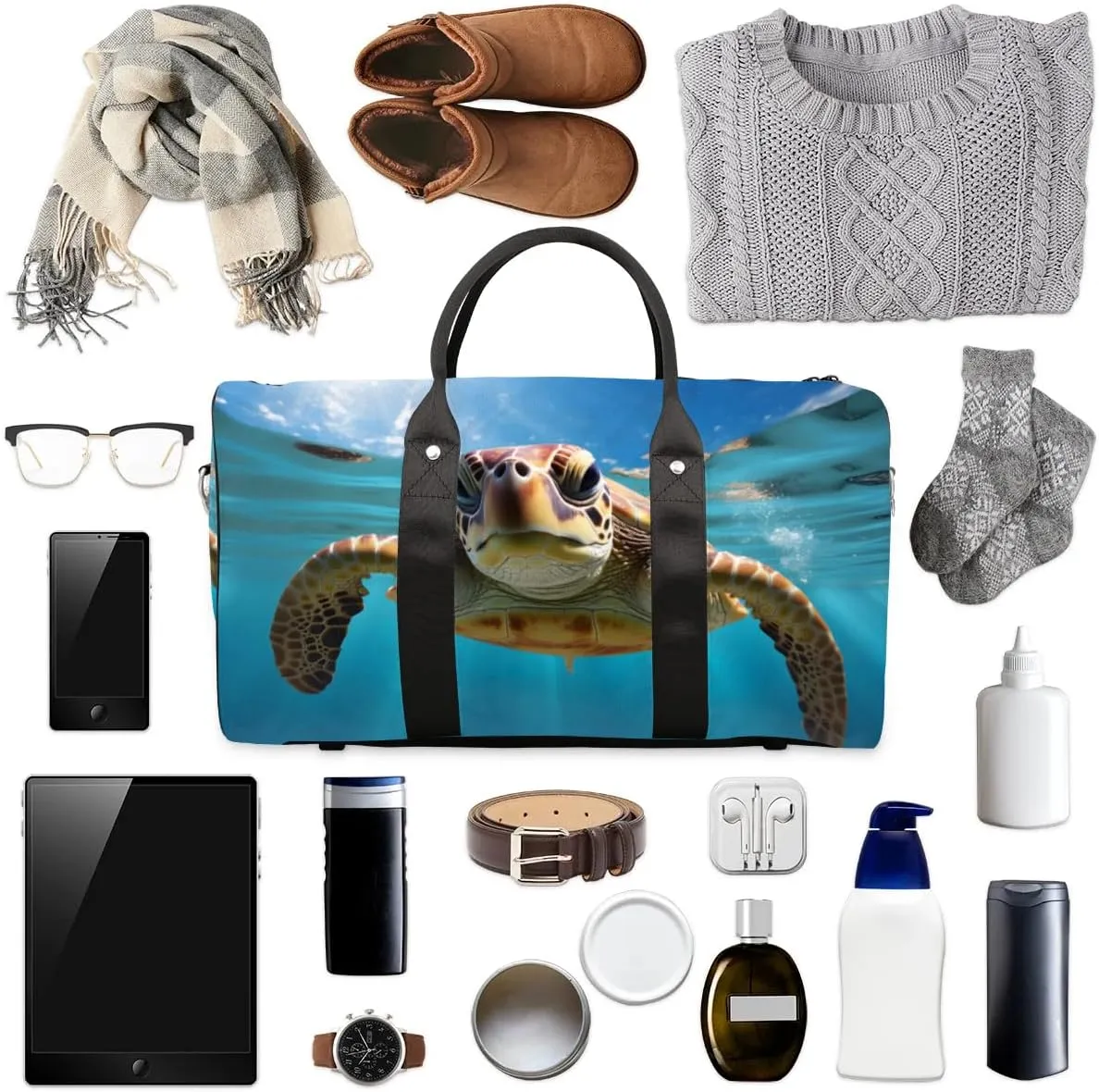 Travel Duffel Bag, Ocean Animal Turtle Sports Tote Gym Bag Foldable Western Aztec Weekender Bag Carry on Luggage Handle Bag Overnight Shoulder Bag for Women Men,A-504