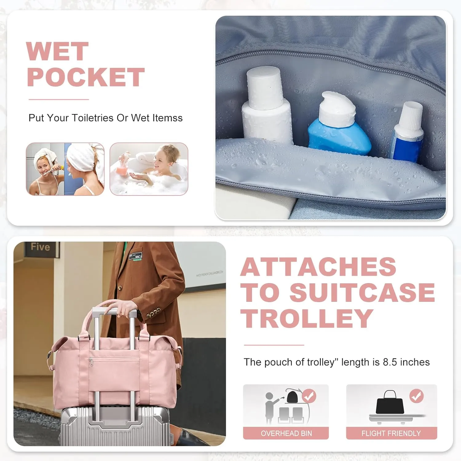 Travel Duffel Bag with Toiletry Bag,Weekender Overnight Carry-on Bag for Women Wet Pocket,Extra Large,Pink