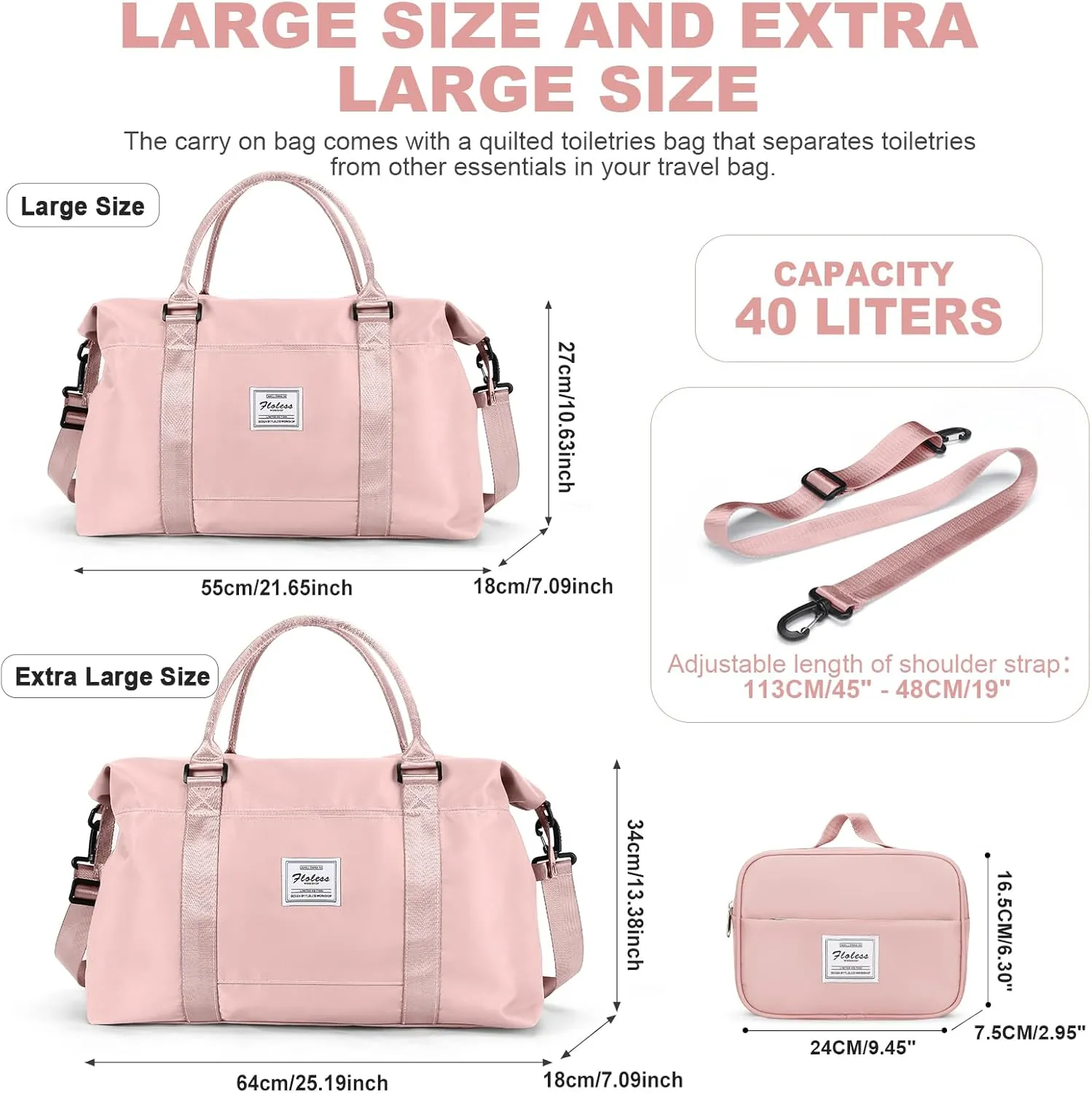 Travel Duffel Bag with Toiletry Bag,Weekender Overnight Carry-on Bag for Women Wet Pocket,Extra Large,Pink