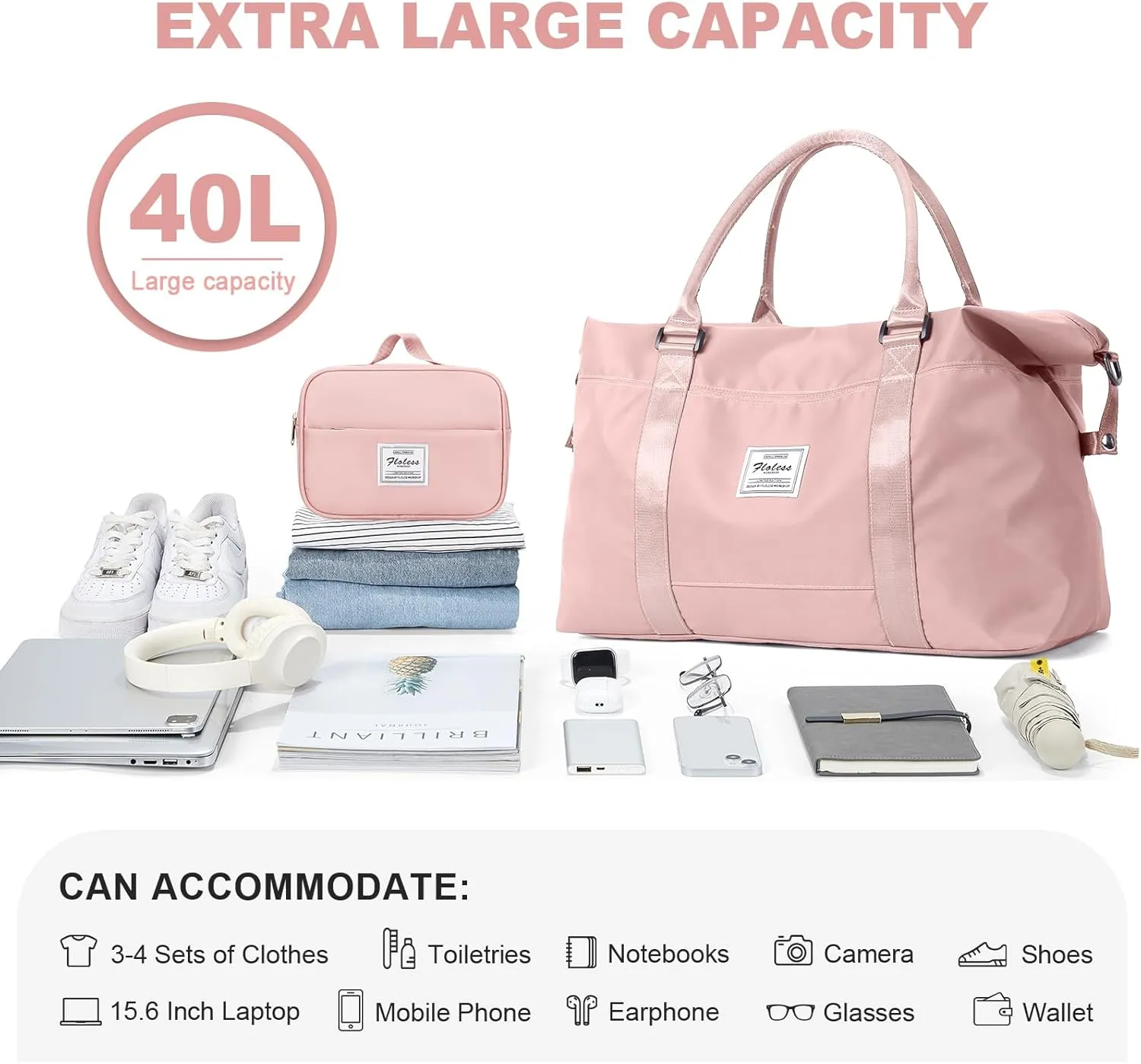 Travel Duffel Bag with Toiletry Bag,Weekender Overnight Carry-on Bag for Women Wet Pocket,Extra Large,Pink