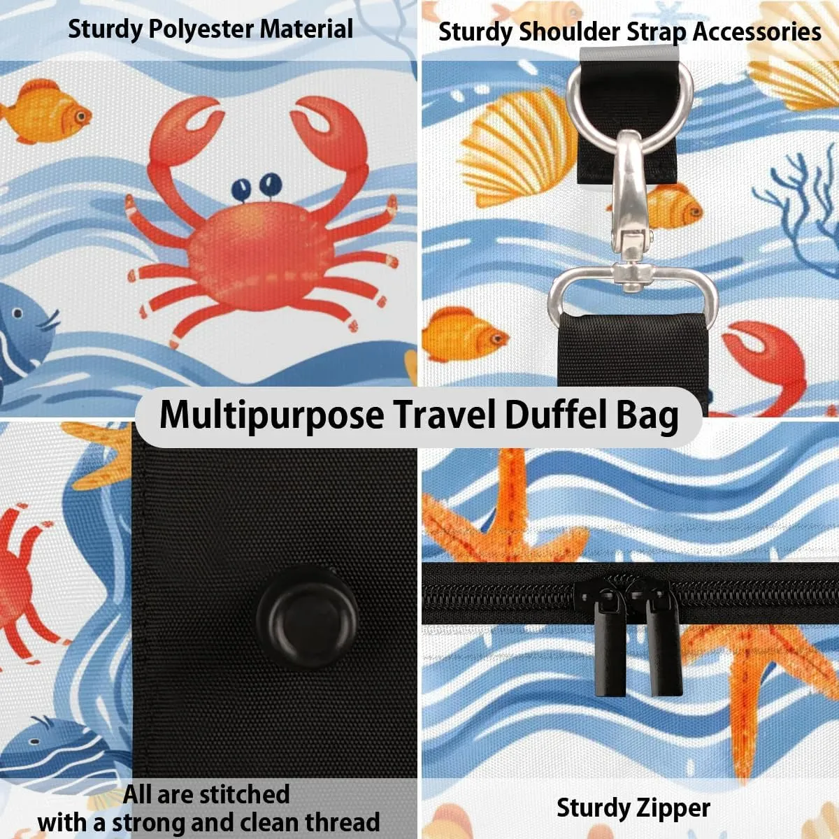 Travel Duffle Bag Crab Seashell Starfish Gym Bags for Men Women Travel Duffel Bags with Adjustable Shoulder Strap Carry On Weekender Bag