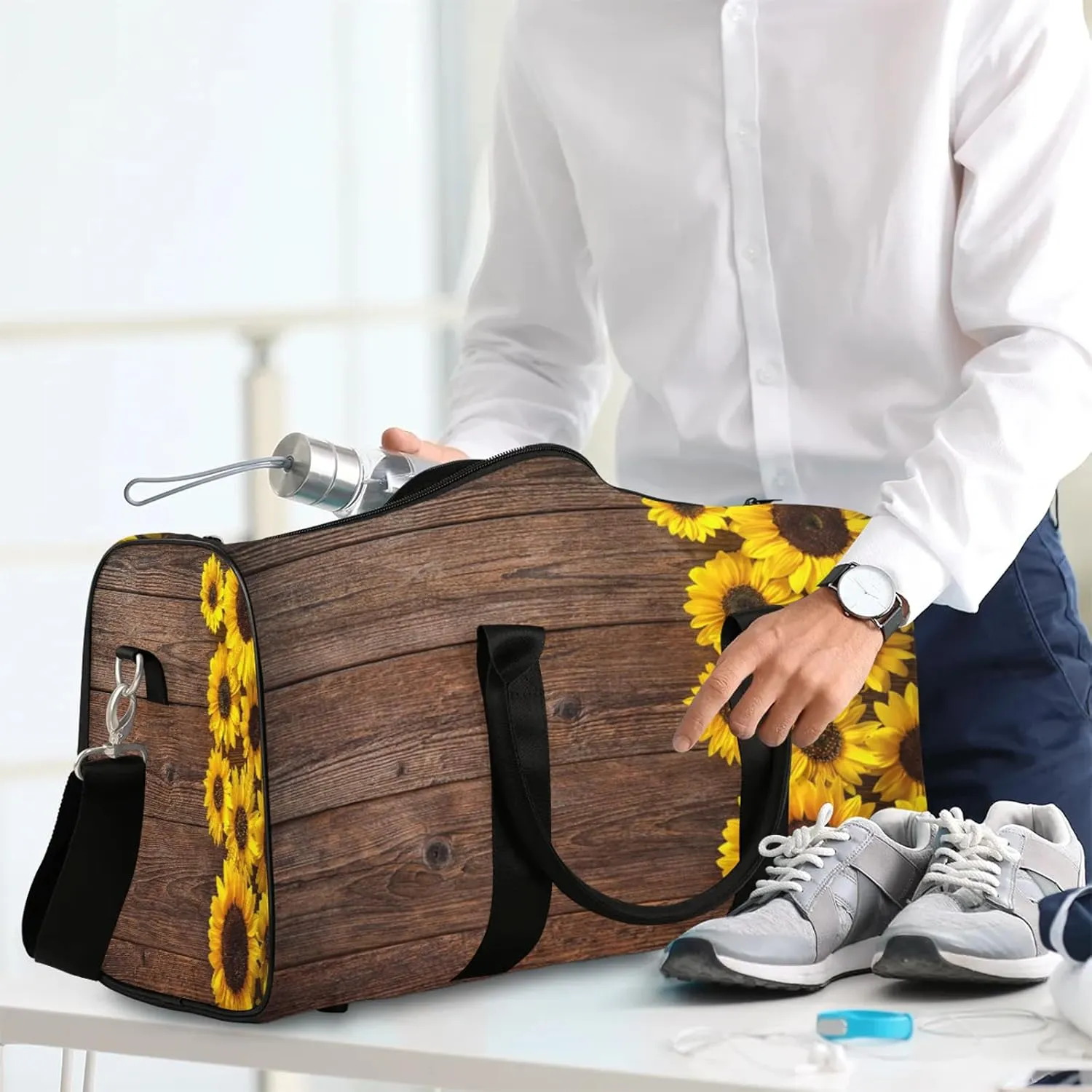 Travel Duffle Bag Flower Wood Sunflower Sports Gym Bags for Women Men Weekender Overnight Bags Waterproof Carry On Tote Bag Workout Bag for Dance Swimming Yoga Hospital
