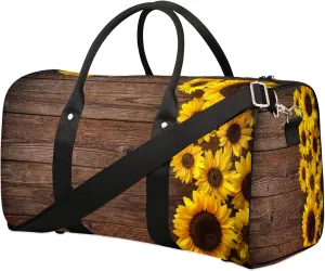 Travel Duffle Bag Flower Wood Sunflower Sports Gym Bags for Women Men Weekender Overnight Bags Waterproof Carry On Tote Bag Workout Bag for Dance Swimming Yoga Hospital