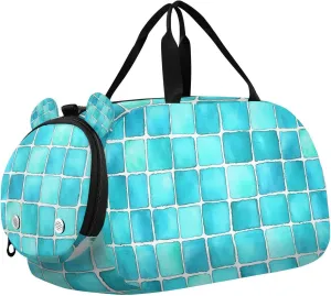 Travel Duffle Bag for Kids Boys Girls Aqua Tile Buffalo Plaid Checkered Sports Bag Overnighter Duffle Sleepover Weekender with Shoes Compartment