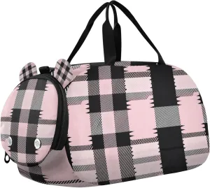 Travel Duffle Bag for Kids Boys Girls Black Buffalo Plaid Pink Checked Sports Bag Overnighter Duffle Sleepover Weekender with Shoes Compartment