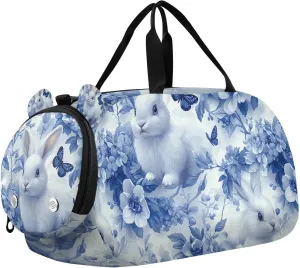 Travel Duffle Bag for Kids Boys Girls Blue Rabbit Flower Bunny Sports Bag Overnighter Duffle Sleepover Weekender with Shoes Compartment