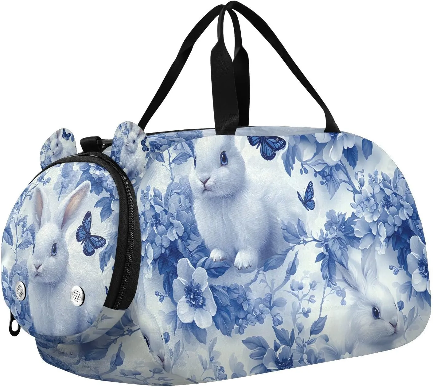 Travel Duffle Bag for Kids Boys Girls Blue Rabbit Flower Bunny Sports Bag Overnighter Duffle Sleepover Weekender with Shoes Compartment