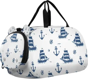 Travel Duffle Bag for Kids Boys Girls Blue Ships Anchors White Sports Bag Overnighter Duffle Sleepover Weekender with Shoes Compartment