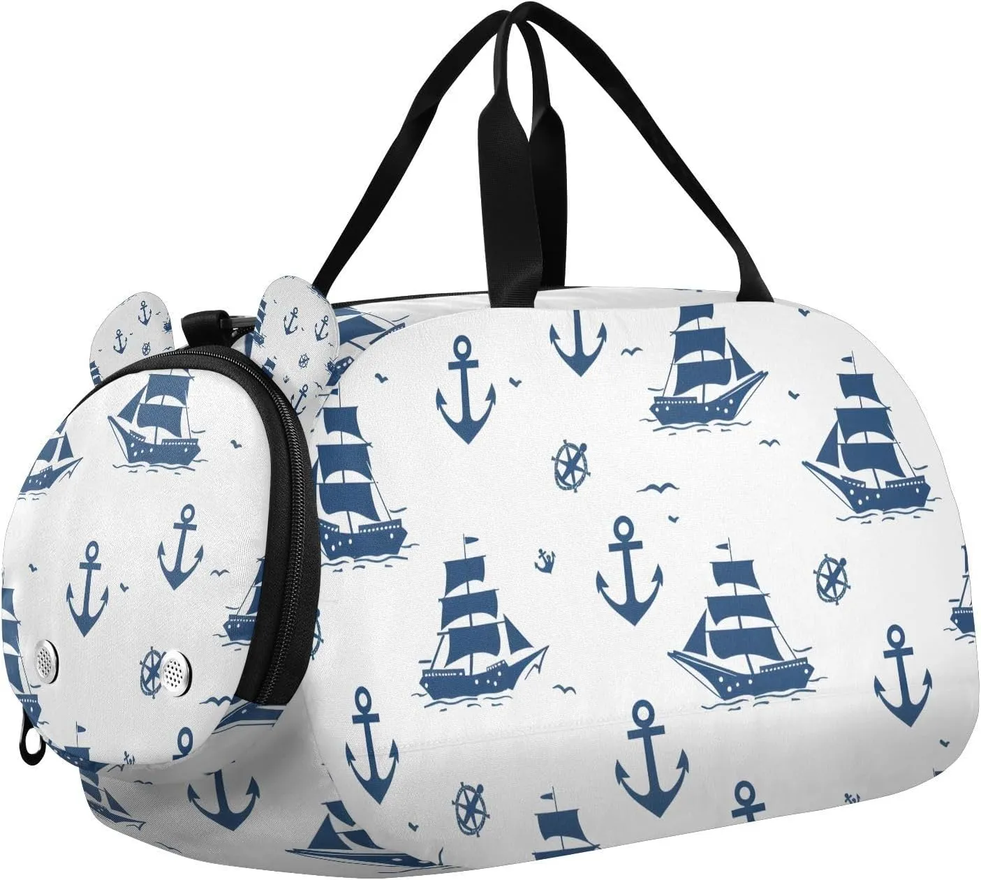 Travel Duffle Bag for Kids Boys Girls Blue Ships Anchors White Sports Bag Overnighter Duffle Sleepover Weekender with Shoes Compartment