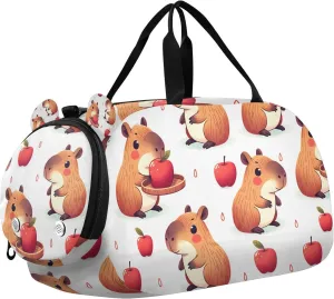 Travel Duffle Bag for Kids Boys Girls Capybara White Sports Bag Overnighter Duffle Sleepover Weekender with Shoes Compartment