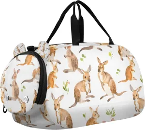 Travel Duffle Bag for Kids Boys Girls Cartoon Kangaroo White Sports Bag Overnighter Duffle Sleepover Weekender with Shoes Compartment