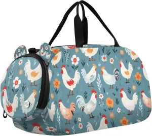 Travel Duffle Bag for Kids Boys Girls Chicken Farmhouse Blue Sports Bag Overnighter Duffle Sleepover Weekender with Shoes Compartment
