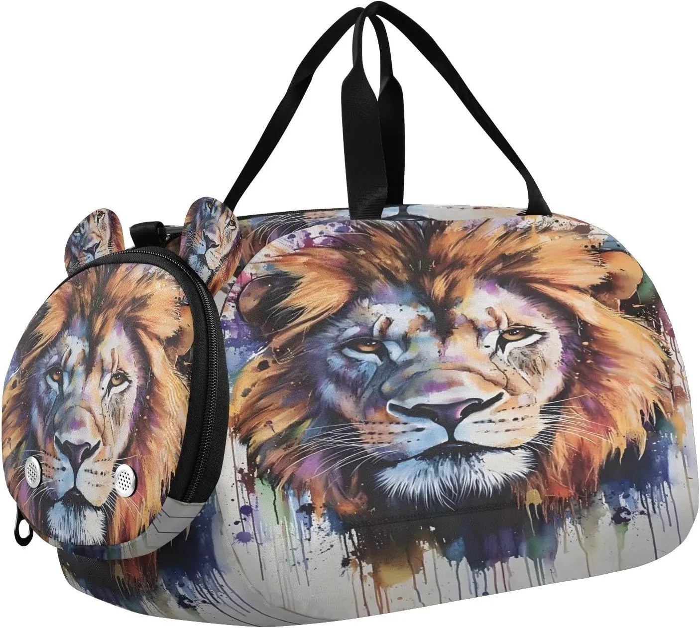 Travel Duffle Bag for Kids Boys Girls Colorful Lion Head Sports Bag Overnighter Duffle Sleepover Weekender with Shoes Compartment