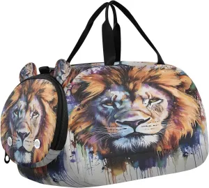 Travel Duffle Bag for Kids Boys Girls Colorful Lion Head Sports Bag Overnighter Duffle Sleepover Weekender with Shoes Compartment