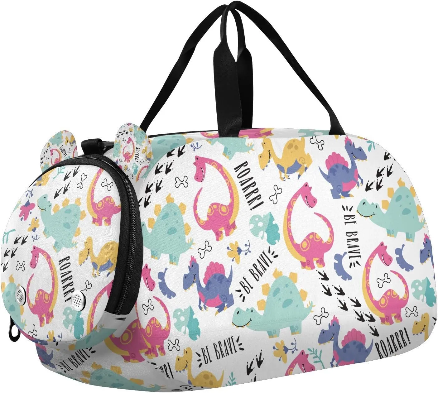 Travel Duffle Bag for Kids Boys Girls Cute Dinosaur White Cartoon Sports Bag Overnighter Duffle Sleepover Weekender with Shoes Compartment