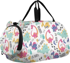 Travel Duffle Bag for Kids Boys Girls Cute Dinosaur White Cartoon Sports Bag Overnighter Duffle Sleepover Weekender with Shoes Compartment