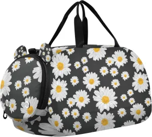 Travel Duffle Bag for Kids Boys Girls Daisy Flower Black Sports Bag Overnighter Duffle Sleepover Weekender with Shoes Compartment