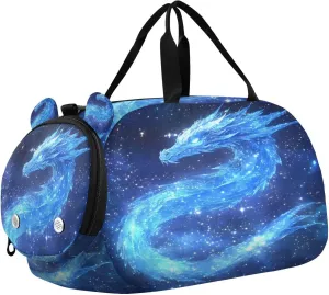 Travel Duffle Bag for Kids Boys Girls Dragon Galaxy Blue Cosmos Stars Sports Bag Overnighter Duffle Sleepover Weekender with Shoes Compartment