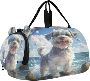 Travel Duffle Bag for Kids Boys Girls Funny White Dog Summer Sports Bag Overnighter Duffle Sleepover Weekender with Shoes Compartment