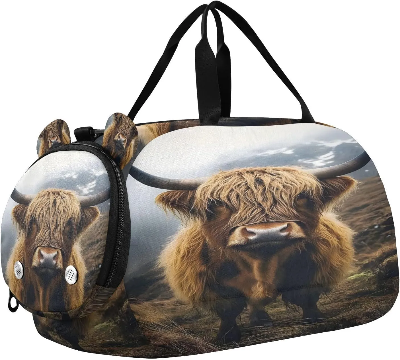 Travel Duffle Bag for Kids Boys Girls Highland Cow Cattle Mountains Sports Bag Overnighter Duffle Sleepover Weekender with Shoes Compartment