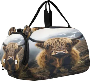 Travel Duffle Bag for Kids Boys Girls Highland Cow Cattle Mountains Sports Bag Overnighter Duffle Sleepover Weekender with Shoes Compartment