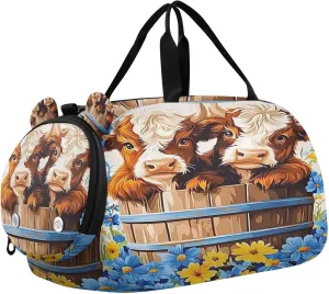 Travel Duffle Bag for Kids Boys Girls Highland Cows Daisy Wooden Bucket Sports Bag Overnighter Duffle Sleepover Weekender with Shoes Compartment