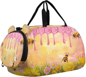 Travel Duffle Bag for Kids Boys Girls Honey Sunflower Bee Sports Bag Overnighter Duffle Sleepover Weekender with Shoes Compartment