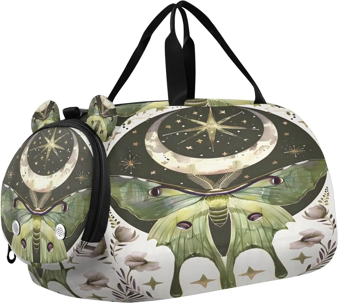 Travel Duffle Bag for Kids Boys Girls Luna Moth Moon Sports Bag Overnighter Duffle Sleepover Weekender with Shoes Compartment