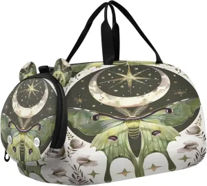 Travel Duffle Bag for Kids Boys Girls Luna Moth Moon Sports Bag Overnighter Duffle Sleepover Weekender with Shoes Compartment