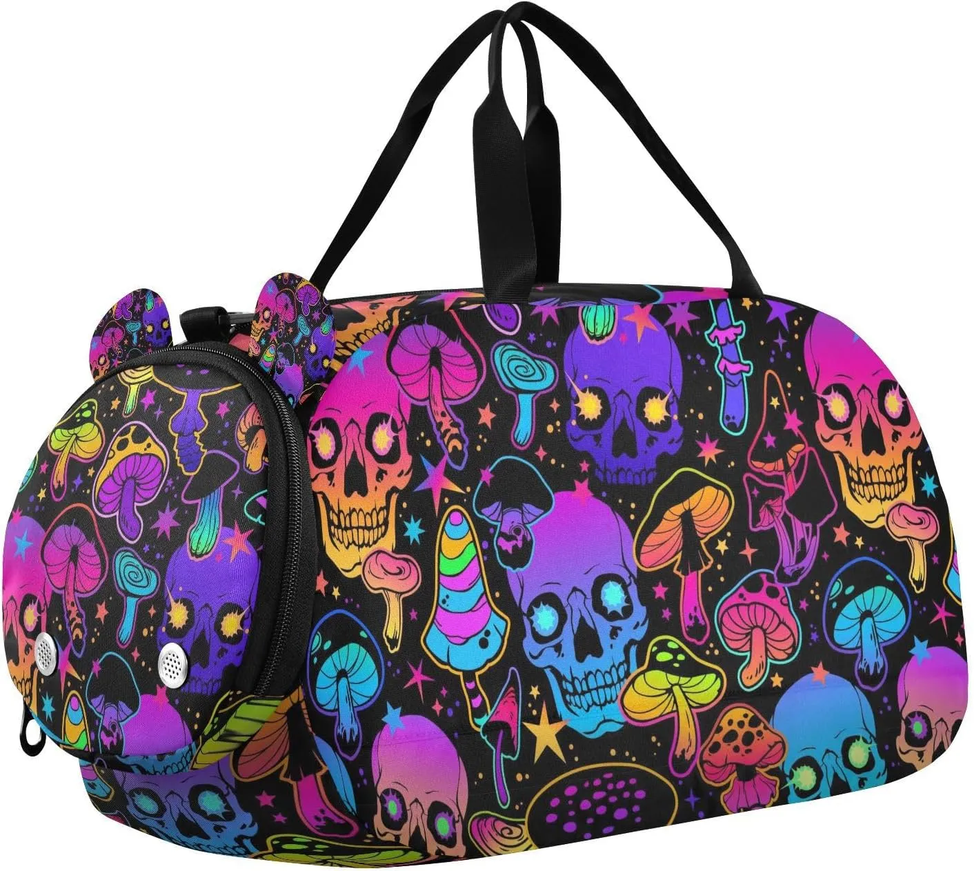 Travel Duffle Bag for Kids Boys Girls Psychedelic Skull Mushroom Purple Sports Bag Overnighter Duffle Sleepover Weekender with Shoes Compartment