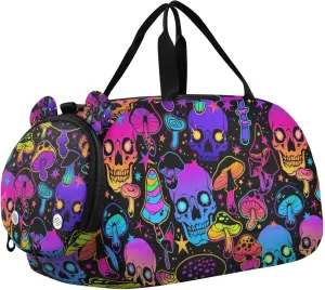 Travel Duffle Bag for Kids Boys Girls Psychedelic Skull Mushroom Purple Sports Bag Overnighter Duffle Sleepover Weekender with Shoes Compartment