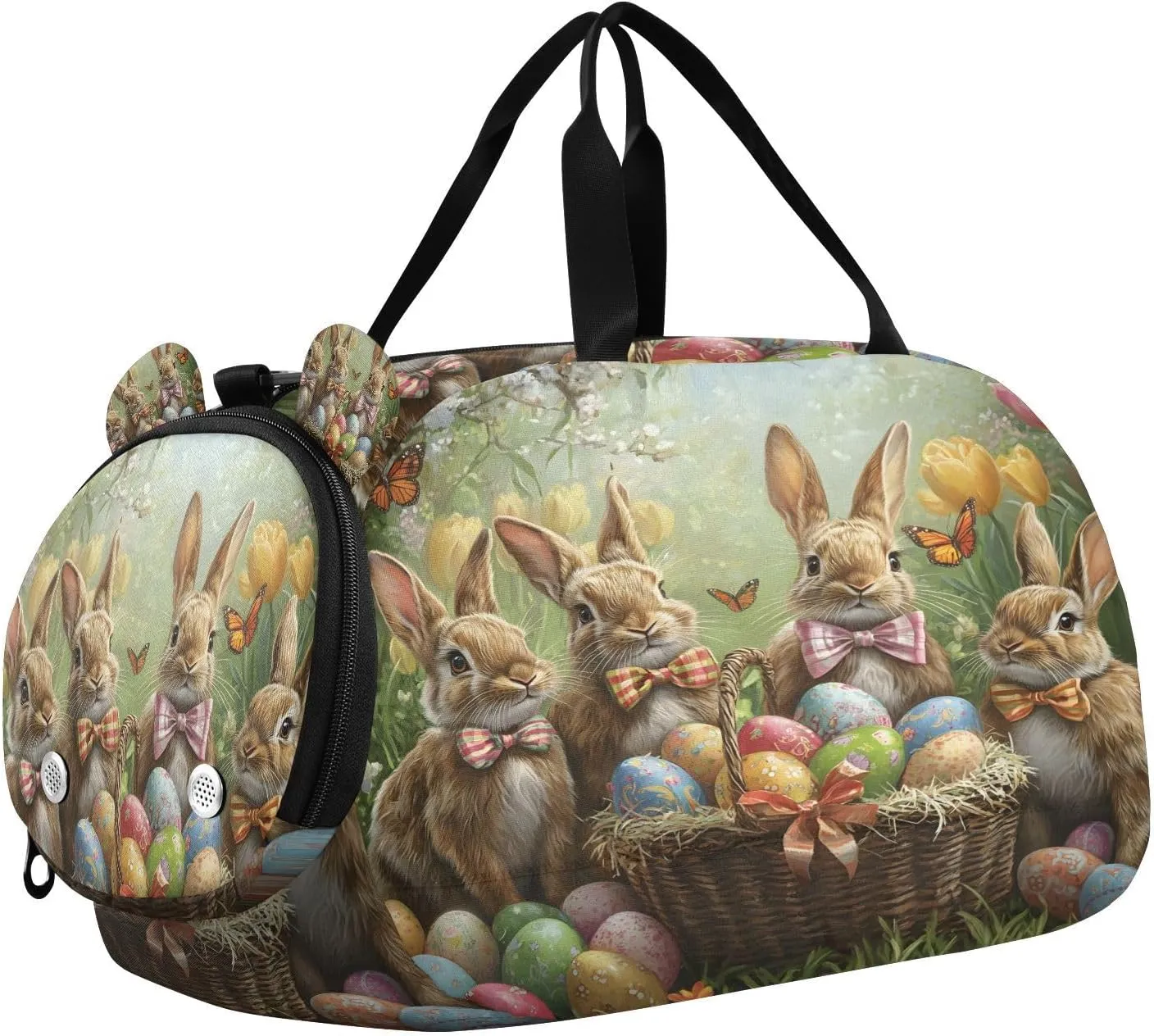 Travel Duffle Bag for Kids Boys Girls Rabbit Easter Bunny Egg Sports Bag Overnighter Duffle Sleepover Weekender with Shoes Compartment
