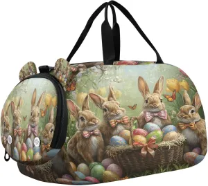 Travel Duffle Bag for Kids Boys Girls Rabbit Easter Bunny Egg Sports Bag Overnighter Duffle Sleepover Weekender with Shoes Compartment