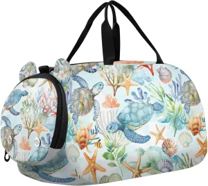 Travel Duffle Bag for Kids Boys Girls Sea Turtles Blue Ocean Sports Bag Overnighter Duffle Sleepover Weekender with Shoes Compartment