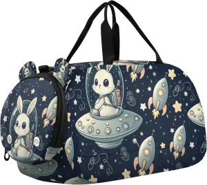 Travel Duffle Bag for Kids Boys Girls Space Rabbit Galaxy Sports Bag Overnighter Duffle Sleepover Weekender with Shoes Compartment