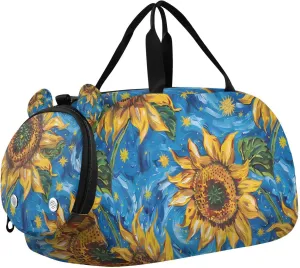 Travel Duffle Bag for Kids Boys Girls Sunflower Galaxy Blue Sports Bag Overnighter Duffle Sleepover Weekender with Shoes Compartment