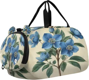 Travel Duffle Bag for Kids Boys Girls Vintage Blue Hyacinth Flower Sports Bag Overnighter Duffle Sleepover Weekender with Shoes Compartment