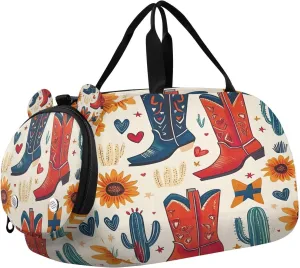 Travel Duffle Bag for Kids Boys Girls Western Boots Cacti Red Sports Bag Overnighter Duffle Sleepover Weekender with Shoes Compartment