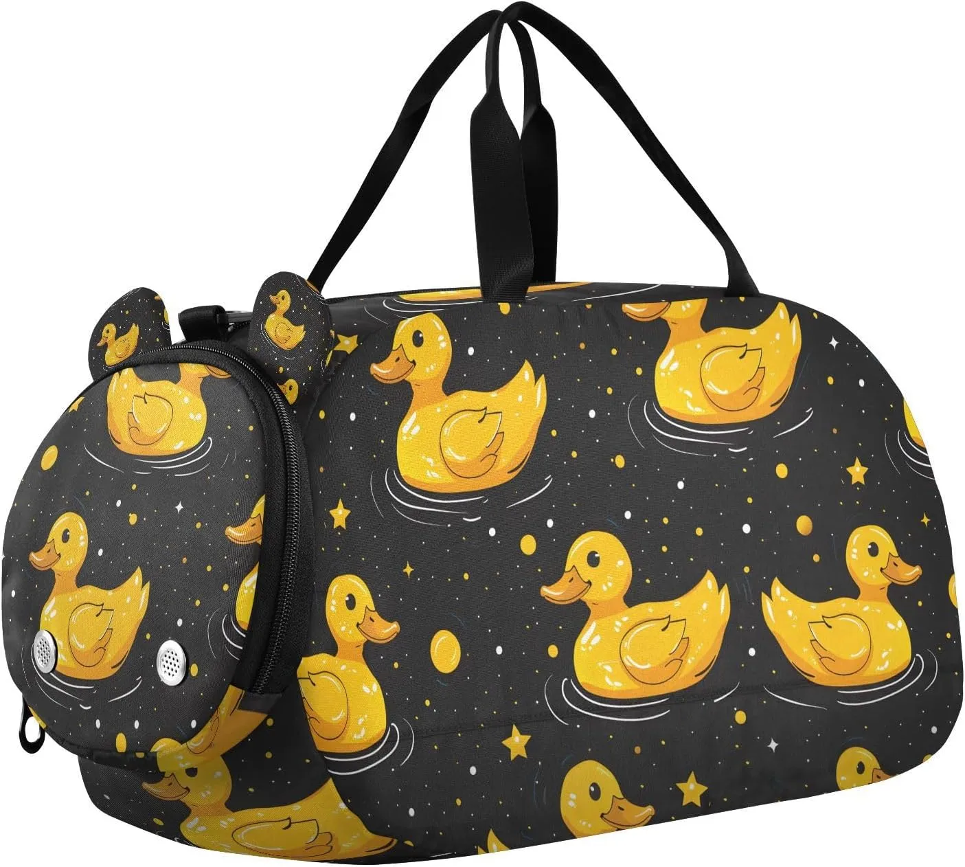 Travel Duffle Bag for Kids Boys Girls Yellow Duck Black Star Sports Bag Overnighter Duffle Sleepover Weekender with Shoes Compartment