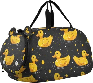 Travel Duffle Bag for Kids Boys Girls Yellow Duck Black Star Sports Bag Overnighter Duffle Sleepover Weekender with Shoes Compartment