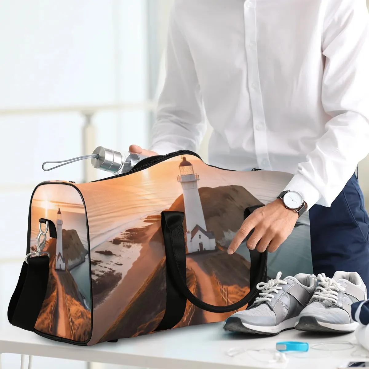 Travel Duffle Bag Lighthouse Sea Gym Bags for Men Women Travel Duffel Bags with Adjustable Shoulder Strap Carry On Weekender Bag