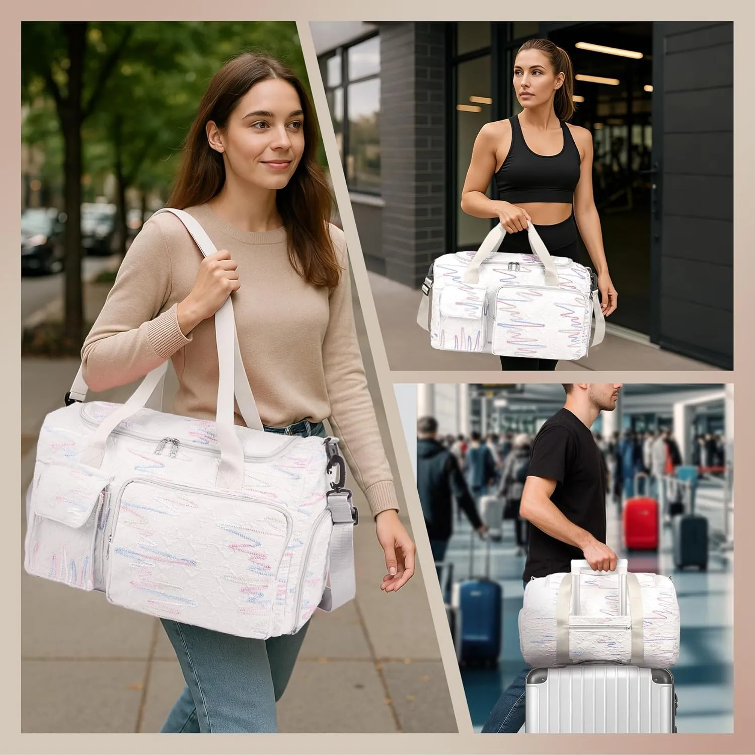 Travel Duffle Bag Waterproof Weekender Carry on Luggage Tote Bags for Women Sport Luggage Large Yoga Gym Trolley Sleeve Overnight Travel Business Bag Beige