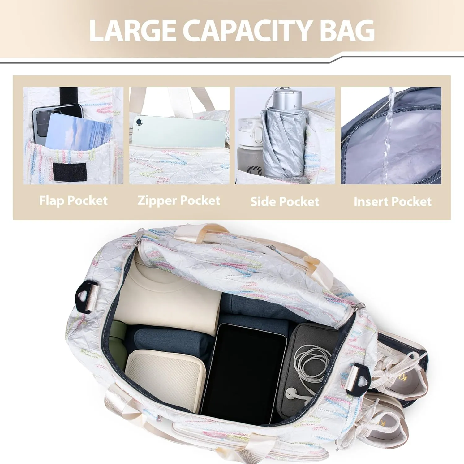 Travel Duffle Bag Waterproof Weekender Carry on Luggage Tote Bags for Women Sport Luggage Large Yoga Gym Trolley Sleeve Overnight Travel Business Bag Beige