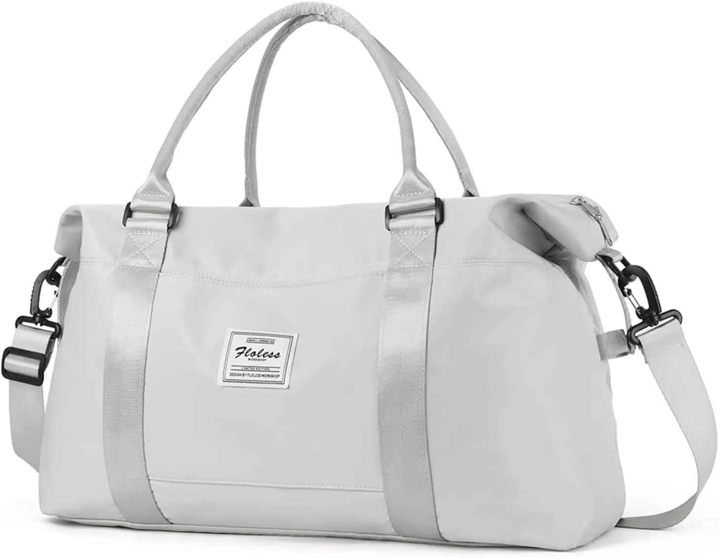 Travel Duffle Bag，Weekender Bags for Women,Waterproof Carry on Bag Overnight Bag with Wet Pocket&Trolley Sleeve，Sports Tote Gym Bag，Light Grey