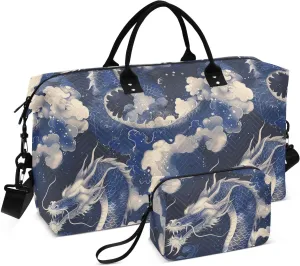 Travel Hand Bag Sketch Dragon Navy Blue Gym Sports Carry with Adjustable Strap for Trekking Large Capacity bolsa para en avion