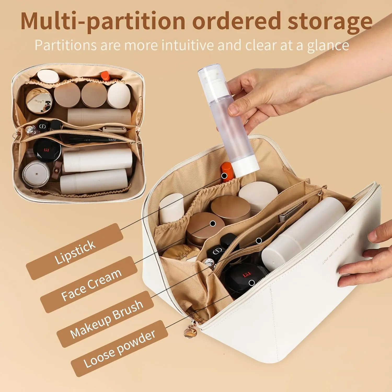 Travel Makeup Bag, Large Capacity Cosmetic Organizer Bags for Women, Waterproof PU Leather Toiletry Bags, Wide Open Flat Makeup Case with Divider and Handle
