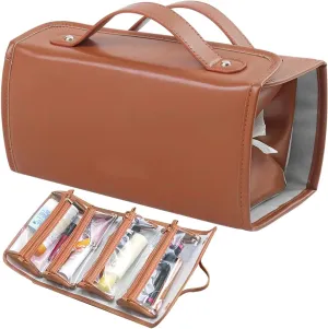 Travel Makeup Organizer Bag, Waterproof Cosmetic Bags for Women, Large Capacity Cosmetic Travel Bag with 4 Detachable Removable Zipper Clear TPU Pouches (Brown)