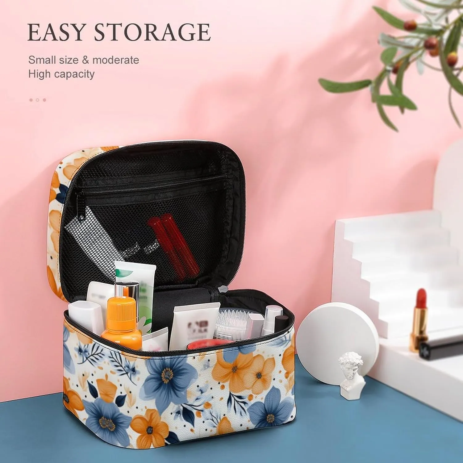 Travel Toiletry Bag for Women And Men,Blue And Orange Flowers Toiletry Organizer, Makeup Bag Travel Organizer for Shampoo,Toiletries
