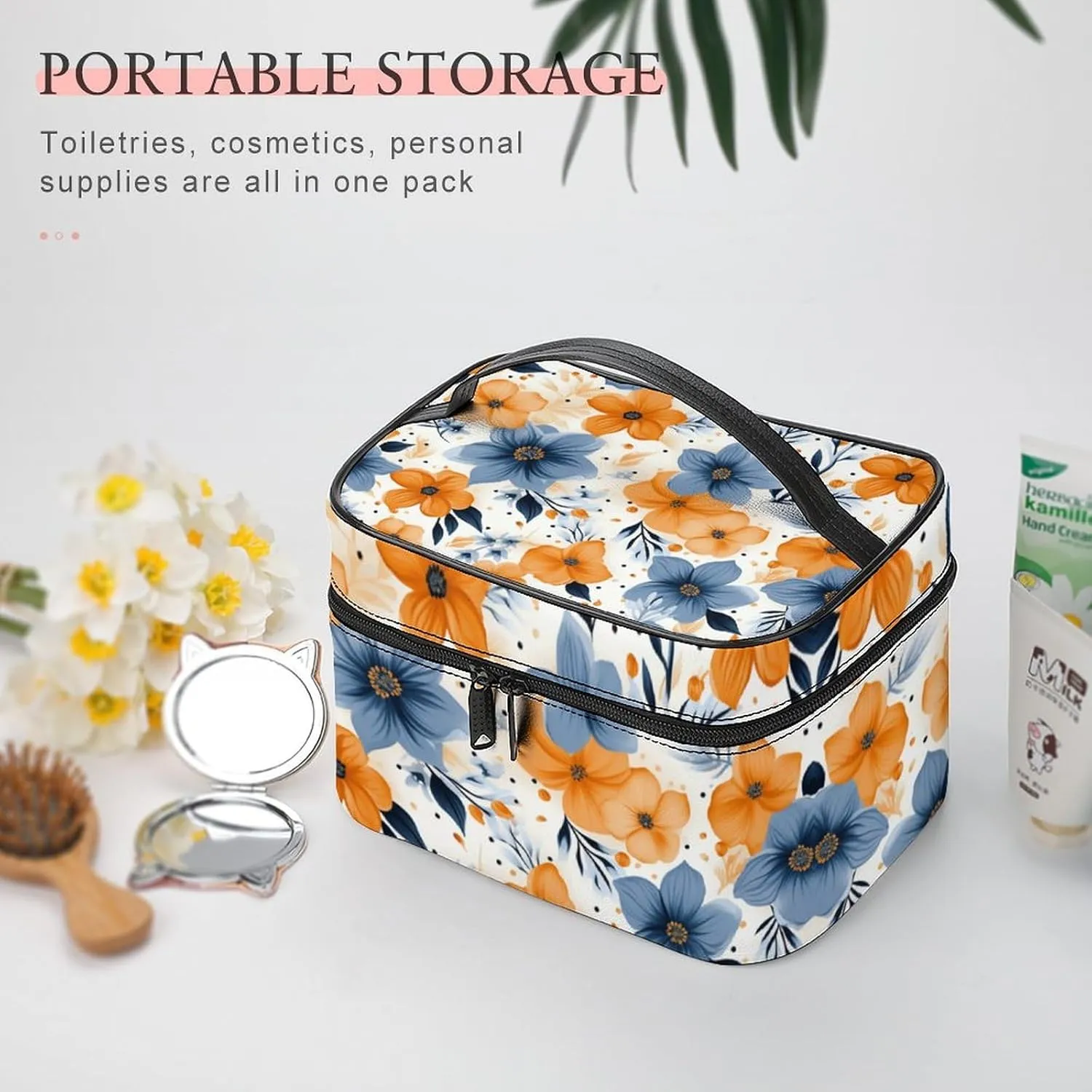 Travel Toiletry Bag for Women And Men,Blue And Orange Flowers Toiletry Organizer, Makeup Bag Travel Organizer for Shampoo,Toiletries